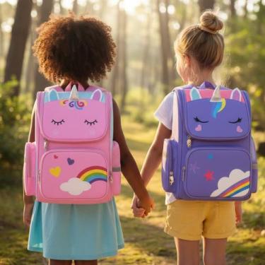 Imagem de Mochila Infantil Unicórnio Impermeável Grande Espaçosa Divisórias Conf