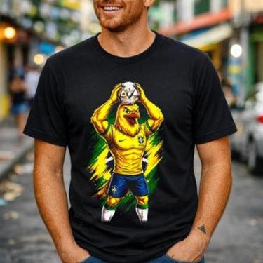 Imagem de Camiseta Masculina Preta Brasil Mascote Seleção Estampa Canarinho Camisa Esportes Verde...