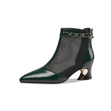 Imagem de TinaCus Botas femininas de verão de couro genuíno e malha feitas à mão com zíper traseiro bico fino, Verde escuro, 7