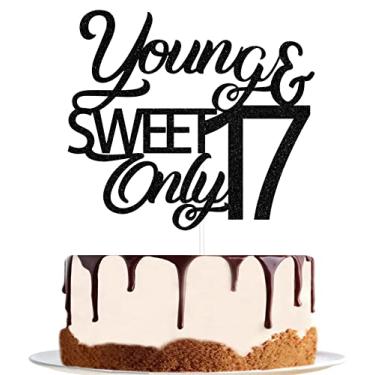 Imagem de Topo de bolo jovem e doce apenas 17 anos, feliz aniversário de 17 anos, decoração de bolo de torcida para 17 anos, decoração de festa de aniversário/aniversário de 17 anos, suprimentos de decoração de festa preto