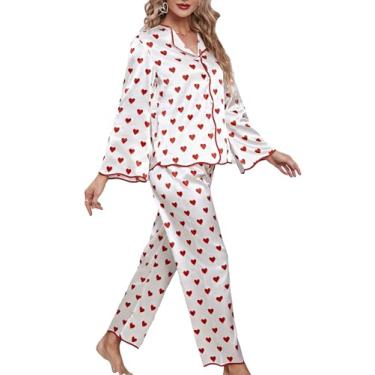 Imagem de WDIRARA Pijama feminino com estampa floral, 2 peças, conjunto de pijama de cetim com botões, Branco, vermelho, GG