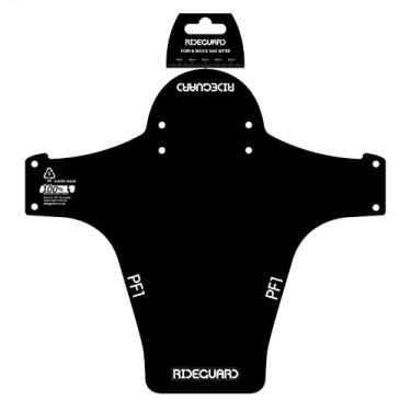 Imagem de RideGuard PF1 Classic Black. Para-lama dianteiro MTB para-lama Mountain Bike. Serve para bicicletas de 24 polegadas, 26 polegadas, 27,5 polegadas, 29,6 polegadas, Plus Size e Fat Bikes. Feito no Reino Unido 100% plástico reciclado 100% reciclável.
