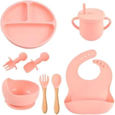 Imagem de Kit Introdução Alimentar Bebe 8 Peças Silicone com Ventosa Jogo Completo de Talher Infantil Seguro com Colher Garfo Copinho e Pratinho Sem Pontas Livre de BPA Atóxico (Rosa)