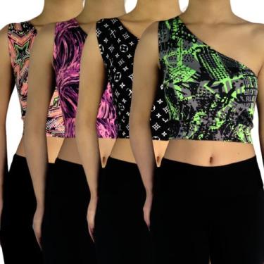 Imagem de Kit 4 Tops Femininos Cropped Regata Um Ombro Mula Manca Estampas Sorti