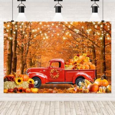 Imagem de Cenário de outono 2,1 x 1,5 m outono floresta vermelho caminhão abóbora colheita palheiro feliz festa de ação de graças pano de fundo folhas de bordo carro vermelho outono foto pano de fundo decoração