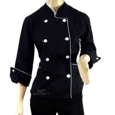Imagem de Dólmã Chef Feminino Preto/ Branco 100% Algodão - Wp Confecções, Preto 