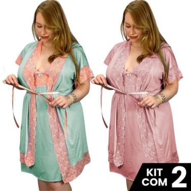 Imagem de Kit 2 Robes e 2 Camisolas Sexy Plus Sedutora Tamanho Grande Confortáve