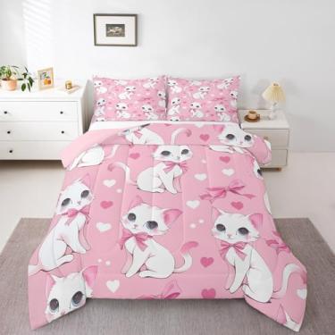 Imagem de jejeloiu Jogo de cama casal fofo de gato branco, com laço rosa, para crianças, meninos, meninas, adolescentes, conjunto de edredom com desenho animado, 3 peças