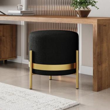 Imagem de Puff Steel Redondo Tecido Bouclé Cor Preto Base Metal Dourada