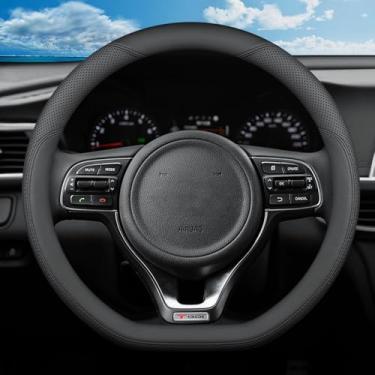 Imagem de SZYUCHEN Capa de volante em forma de D para acessórios Kia Soul K5 Forte Optima Stinger Seltos EV6 2021 2022 2023 2024, couro de microfibra preto com furos respiráveis 36,8-38 cm