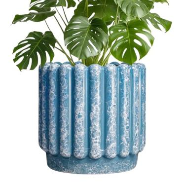 Imagem de Ceramicfor Vaso de cerâmica para plantas de interior - vasos de cerâmica de 24 cm com orifício de drenagem, vasos de flores grandes ao ar livre, vaso redondo decorativo canelado, decoração para porta