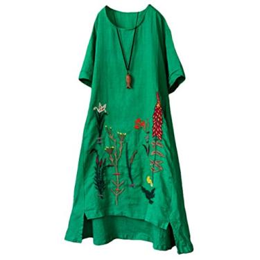 Imagem de Minibee Vestido de verão de linho bordado evasê roupa de túnica de cano baixo, Style1 Green, XX-Large