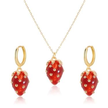 Imagem de QLYOVWE Conjunto de joias 3D de morango vermelho para mulheres, lindos brincos de pérola doce e fruta, colar exclusivo de morango, Natal, aniversário, declaração, joias estéticas, presentes com