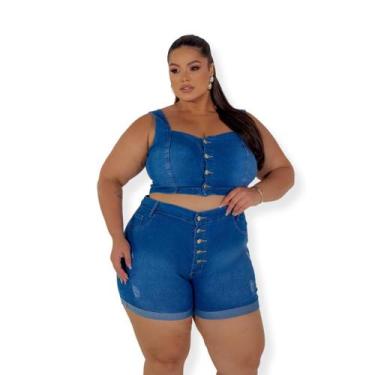 Imagem de Conjunto Jeans Plus Size Feminino Cropped e Short com lycra - PODER DE