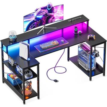Imagem de ODK Mesa de jogos de 121 cm com luzes LED e tomada, mesa de computador em forma de U com suporte para monitor e prateleiras de armazenamento, mesa de PC para home office, fibra de carbono preta