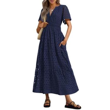 Imagem de Vestido longo PRETTYGARDEN 2025, verão, decote em V, ilhó, azul marinh