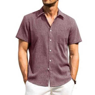 Imagem de Camisa masculina Alimens & Gentle, de linho, manga curta, vinho tinto 