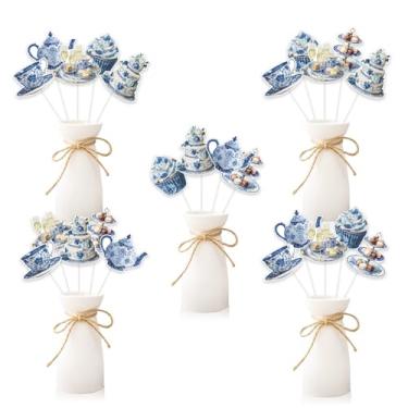 Imagem de Fangleland 24 peças de decoração de palitos de centro de chá chinoiserie azul, enfeites de mesa dupla face de porcelana estilo chinês, aniversário, casamento, noivado, chá de bebê, artigos de festa