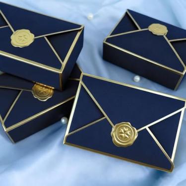 Imagem de 10 peças de caixas de presente em formato de envelope azul, embalagem elegante de lembrancinha de festa, para casamento, aniversário, chá de panela, eventos românticos