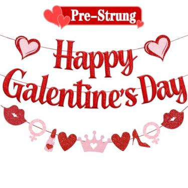 Imagem de Pré-amarrado Happy Galentines Day com lindo batom vermelho rosa batom coração coroa saltos guirlanda para senhoras meninas mulheres festa dia dos namorados celebração casa decoração interior foto pano