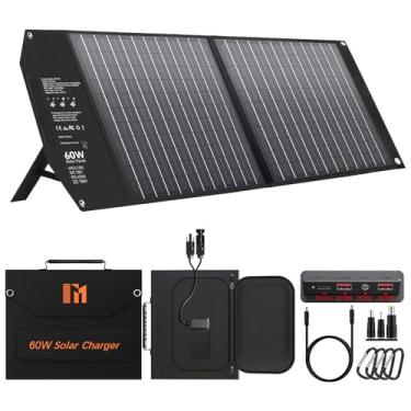 Imagem de Mesuvida Painel solar portátil de 62 W, carregador solar de 5 portas com porta MC4 de 18 V, CC (12 V) / 2 USB-A (QC 3.0) / PD (45 W), carregador de painel solar para acampamento e mochila