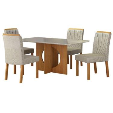 Imagem de Conjunto Sala De Jantar Lorena Off White 4 Cadeiras Linho Palha Base Em Madeira 1,20 M Leifer Móveis