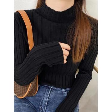 Imagem de Suéter Feminino De Tricô Canelado Gola Alta Manga Longa Slim Fit Básic