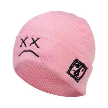 Imagem de Gorro Unissex Estilo Hip-Hop Bordado De Lã Quente Com Expressão Triste