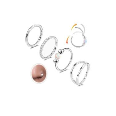 Imagem de 4 peças de argola de nariz para mulheres e homens, argola de nariz duplo articulada CZ opala clicker anel de septo 18G cartilagem de aço cirúrgico concha tragus torre daith piercing joias ouro prata 7