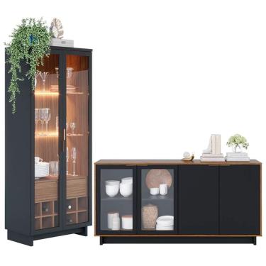Imagem de Conjunto Sala De Jantar Cristaleira Tijuca E Buffet Vicky C05 Preto Fosco/noce Milano - Mpozenato