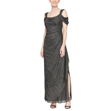 Imagem de Alex Evenings Vestido feminino de ombro vazado para mãe da noiva com saia franzida, evento formal, vestido de convidada de casamento (tamanho grande), Glitter preto/dourado, 42