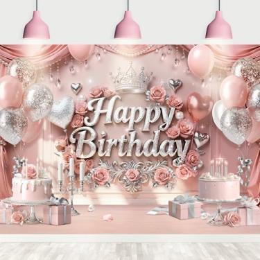 Imagem de Riyidecor Pano de fundo rosa prata feliz aniversário balão rosas floral presentes coroa 17x15A pés tecido poliéster meninas mulheres fotografia fundo decoração de mesa de aniversário banner estúdio