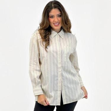 Imagem de Camisa Hering Manga Longa Listrada com Bolso Feminina, PP, Bege