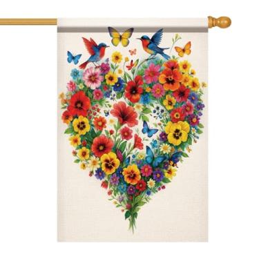 Imagem de Starlit Patio Bandeira de casa de flores coloridas em forma de coração com pássaros e borboletas decoração de casa ao ar livre sazonal primavera verão banner de quintal dupla face 71 x 101 cm bandeira