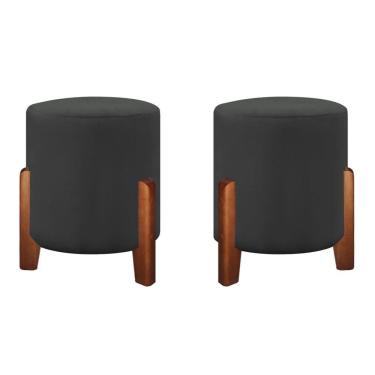 Imagem de Puff Banqueta Decorativo Luna Linho Veludo Pés Madeira Veludo Cinza