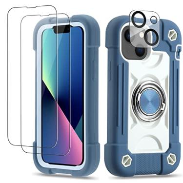 Imagem de Cookiver Capa para iPhone 13 Mini/iPhone 12 Mini de 5,4 polegadas com suporte de anel, com 2 películas de vidro + 1 pacote de protetor de lente de câmera, capa resistente de grau militar (Felicia Blue)