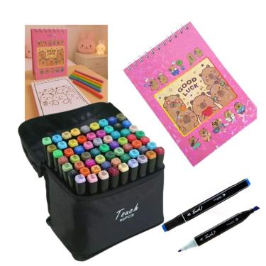 Imagem de Canetinhas 60 Cores Livro De Pintar Capivara Feliz Divertida 50 Folhas Estojo Colorir Desenho Pintura Relaxante Hobbie