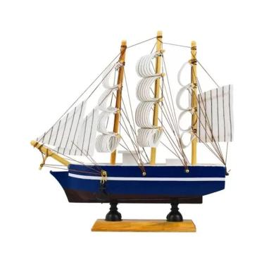 Imagem de Miniatura Barco Navio De Madeira Veleiro Azul Enfeite 22cm