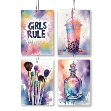 Imagem de JWVK Purificador de ar em aquarela para meninas, lavanda para carro, fantasia, leite, chá, pincel de maquiagem, perfume, aromatizador de ar suspenso, 4 peças para carros, armário, gaveta, livros