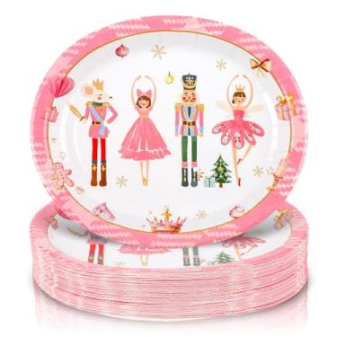 Imagem de Purhapfre 50 peças de pratos ovais de papel quebra-nozes rosa de Natal, pratos descartáveis xadrez rosa, 25 x 30 cm