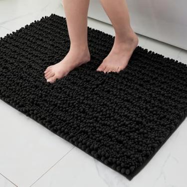 Imagem de ILANGO Tapetes de banheiro pretos 61 x 43 cm, tapetes de banho de chenille absorventes extramacios, tapete de banho grosso, antiderrapante, felpudo, lavável na máquina, tapetes de banho de secagem