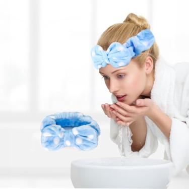 Imagem de Bandanas femininas, faixas de cabeça de maquiagem de bolinhas azuis, tiaras de arco macio com elástico para lavar o rosto, maquiagem, cuidados com a pele, festa