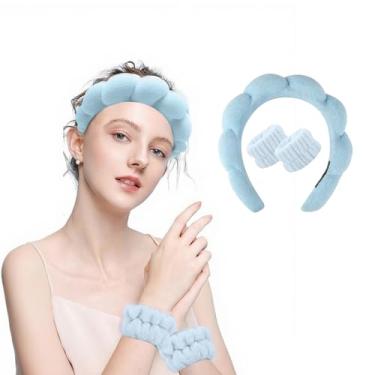 Imagem de Conjunto de tiara e pulseira de pelúcia para lavagem do rosto, rotina de cuidados com a pele, limpeza facial, casa, spa, faixa de cabelo para uso feminino (azul)