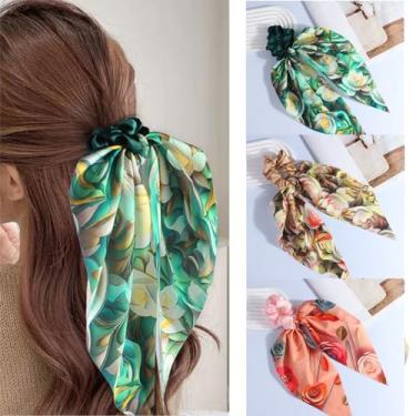 Imagem de 3 peças de lenço de cabelo para mulheres, laços de cabelo com laço e fita de cetim longa, faixas de cabelo florais apertadas, suportes de rabo de cavalo, acessórios de cabelo (champanhe verde laranja)