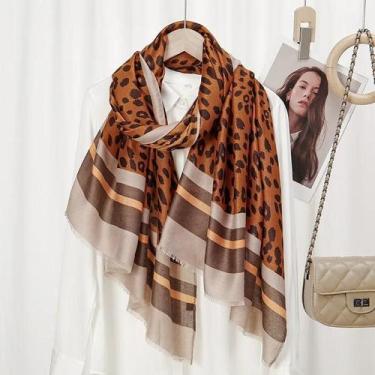 Imagem de Xale De Franjas Listrado De Leopardo Pashmina 180x90cm Lenço De Viscos