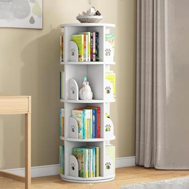 Imagem de Torre de estante giratória de 360°, suporte giratório de armazenamento para exibição de chão, organizador de prateleira de livros de canto colorido para quarto e sala de estudo - branco, 4 camadas