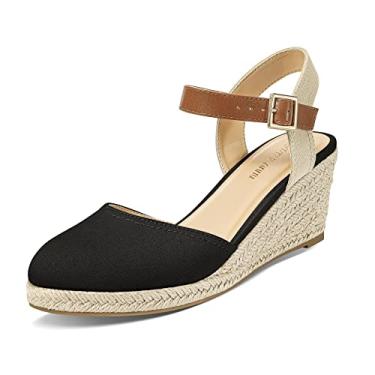Imagem de PIZZ ANNU Sandálias femininas de salto anabela baixo com fivela e tira no tornozelo com bico fechado casual elegante sapatos plataforma de verão, Preto, 11
