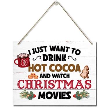 Imagem de AUII JO DESIGN Placa de Madeira para Pendurar Na Porta de Feliz Natal, "Eu Só Quero Beber Chocolate Quente e Assistir A Filmes de Natal", Placa de Feliz Natal, Decoração de Cozinha (, Branco)