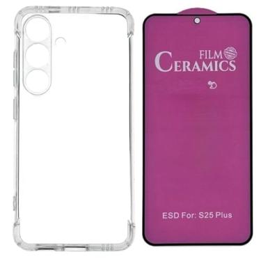 Imagem de Capa Capinha Anti Impacto Choque + Película de Ceramica Fosca 9D, silicone transparente clear com bordas reforçadas e flexível com efeito cristal. Compátivel com Samsung Galaxy S25 Plus
