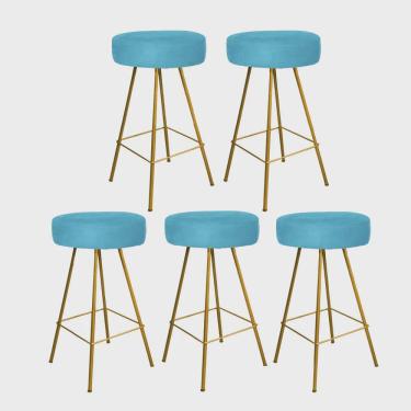 Imagem de Kit 05 Banqueta Alta Laisa Industrial Cozinha Bar Balcão Bistrô Ferro Dourado Suede Azul Turquesa - Ahz Móveis
